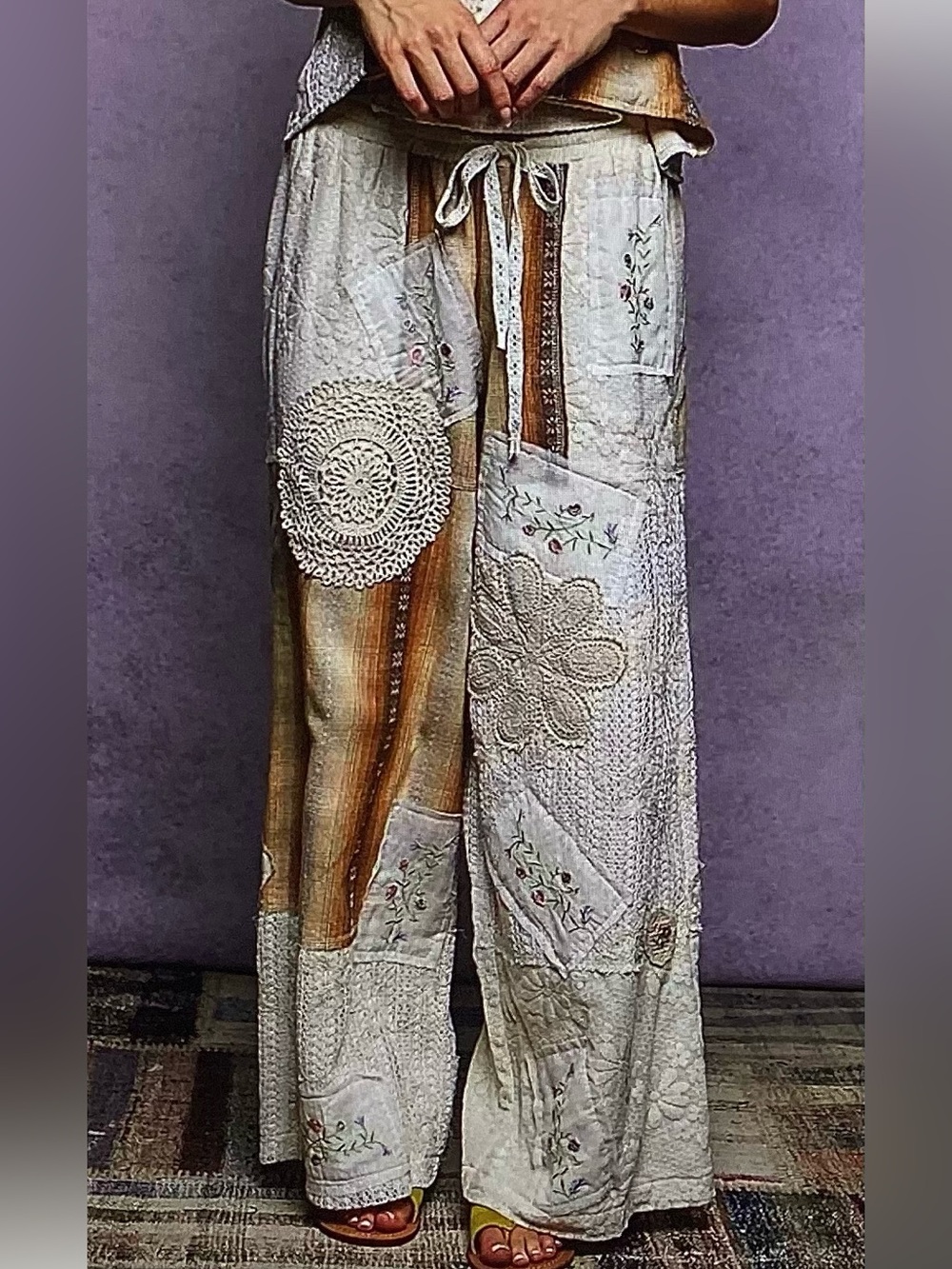 POL Patchwork Cream Wide-Leg Pants